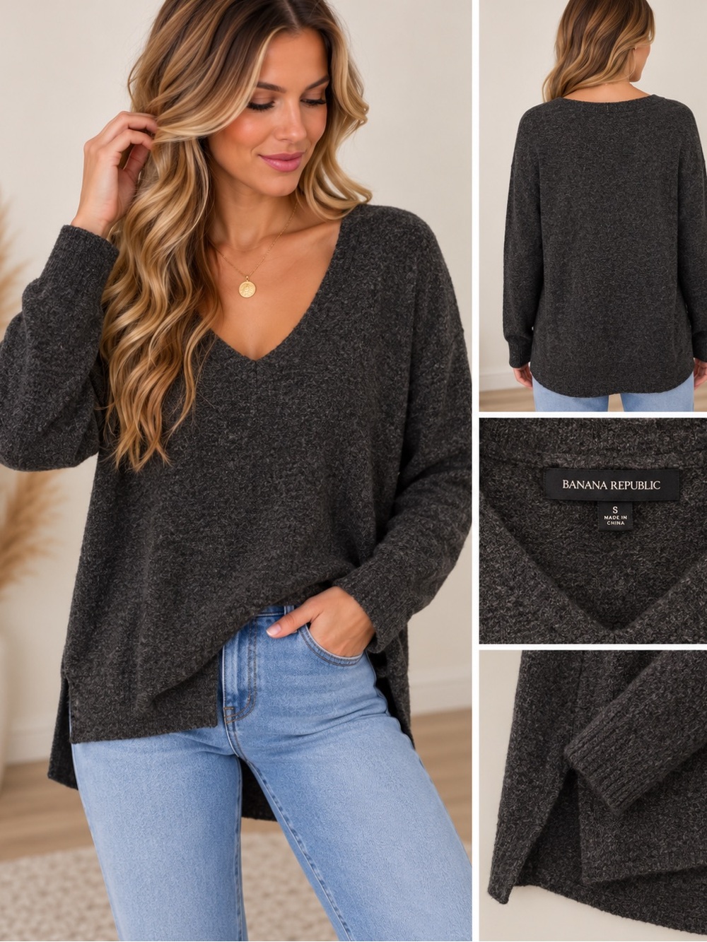 Banana Republic Dark Charcoal V-Neck Sweater